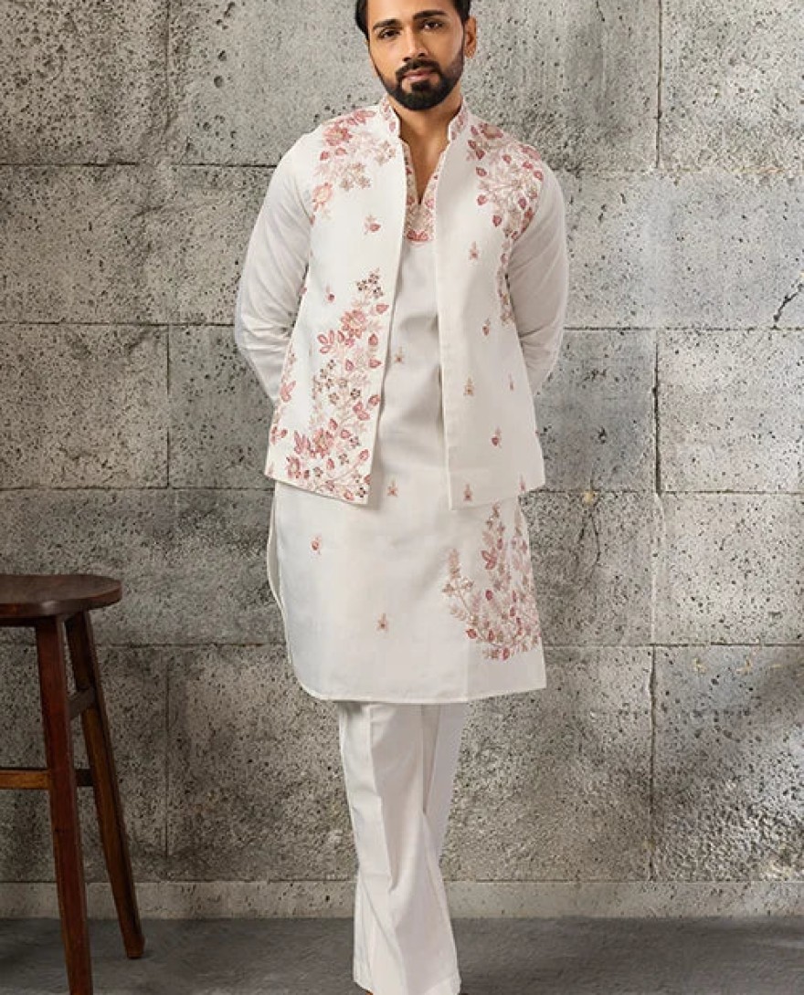 WHITE - Premium Designer White Mirror Work Koti Kurta Set for Men's Wear